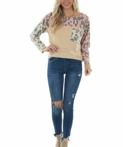 BiBi Heathered Taupe Leopard Top With Chest Pocket