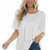 Jodifl Off White Short Sleeve Fringe Overlay Knit Top