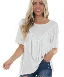 Jodifl Off White Short Sleeve Fringe Overlay Knit Top