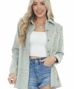 Blue B Pastel Sage Plaid Button Up Shirt Jacket 26 Blue B Pastel Sage Plaid Button Up Shirt Jacket