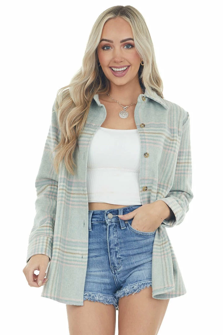 Blue B Pastel Sage Plaid Button Up Shirt Jacket 11 Blue B Pastel Sage Plaid Button Up Shirt Jacket