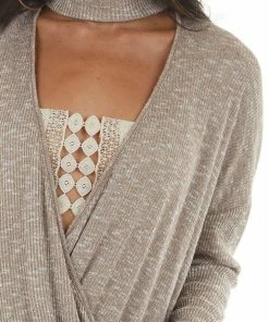 CY Fashion Tops Latte And White Surplice Knit Top With Choker Neckline