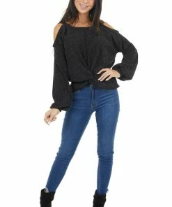 Peach Love Tops Charcoal Two Tone Long Sleeve Knit Top With Cold Shoulders