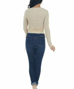 She + Sky Sand Metallic Thread Ruched Side Knit Top Tops