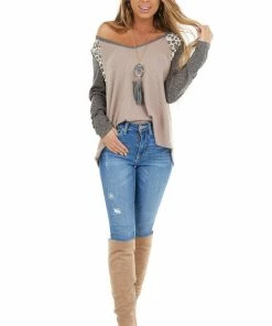12PM Mauve Multiprint Waffle Knit Top With Leopard Long Sleeves