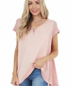 CY Fashion Tops Baby Pink Short Sleeve Knit Top With Dusty Blush Contrast
