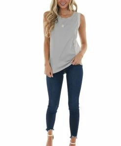 POL Clothing Steel Sleeveless Thermal Knit Top With Side Contrast Detail