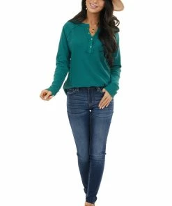 Umgee Forest Green Waffle Knit Henley Top With Raw Edge Details