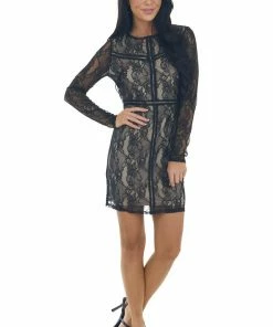 Flying Tomato Black And Latte Floral Lace Bodycon Mini Dress