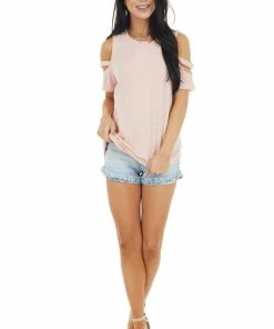 Vanilla Bay Peach Short Sleeve Stretchy Knit Top With Cold Shoulder Tops