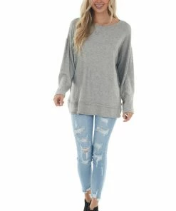 Jodifl Tops Heathered Grey Soft Long Sleeve Curved Hem Top