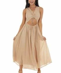 Entro Champagne Glitter Sleeveless Midi Woven Dress With Cut Out
