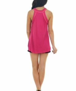 P.S. Kate Deep Magenta Sleeveless Exposed Stitch Waffle Knit Top Tops