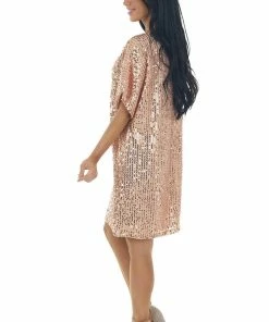 Vine & Love Blush Sequined Short Flowy Sleeve Shift Dress Dresses 31 Vine & Love Blush Sequined Short Flowy Sleeve Shift Dress Dresses