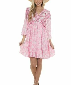 Jodifl Dresses Bright Pink Tropical 3/4 Sleeve Back Tie Dress