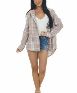 143 Story Dusty Blush Plaid Button Up Hoodie Shacket