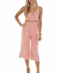 Main Strip Coral Sleeveless Jumpsuit With Lace Details On Waist