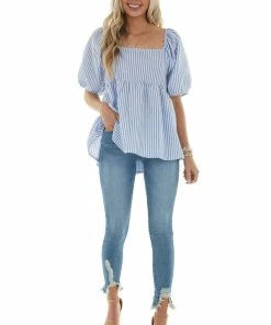 Ces Femme Cornflower Striped Puff Sleeve Babydoll Blouse 16 Ces Femme Cornflower Striped Puff Sleeve Babydoll Blouse