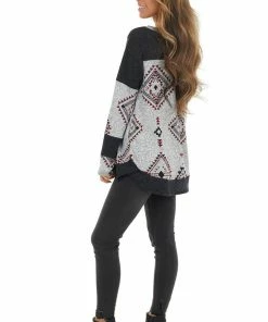 RAE MODE Black Two Tone Aztec Print Knit Top With Raw Edge Details