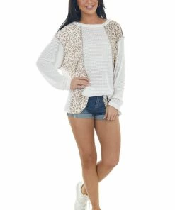 BiBi Tops Off White Leopard Colorblock Waffle Knit Top