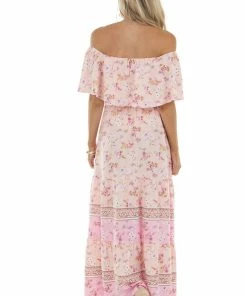 Aakaa Light Peach Floral Print Off Shoulder Woven Maxi Dress Dresses