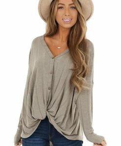 Chrysanthemum Tops Taupe Button Up Long Sleeve Knit Top With Front Knot Detail