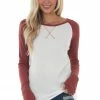 Lovely Melody Brick And Ivory Long Sleeve Top With X Stitch Detail Tops