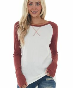 Lovely Melody Brick And Ivory Long Sleeve Top With X Stitch Detail Tops