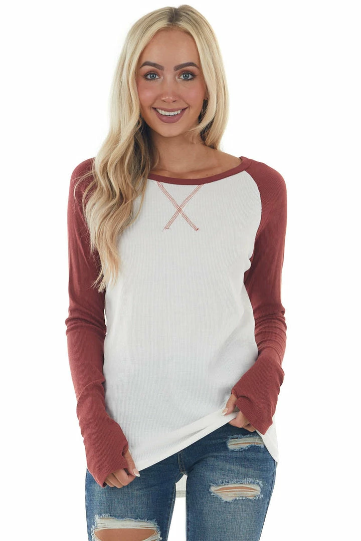 Lovely Melody Brick And Ivory Long Sleeve Top With X Stitch Detail Tops 3 Lovely Melody Brick And Ivory Long Sleeve Top With X Stitch Detail Tops