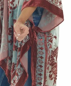 ANGIE Teal Floral Textured Velvet Chiffon Kimono Tops