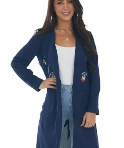 Davi & Dani Navy Floral Embroidered Open Midi Jacket Outerwear 26 Davi & Dani Navy Floral Embroidered Open Midi Jacket Outerwear