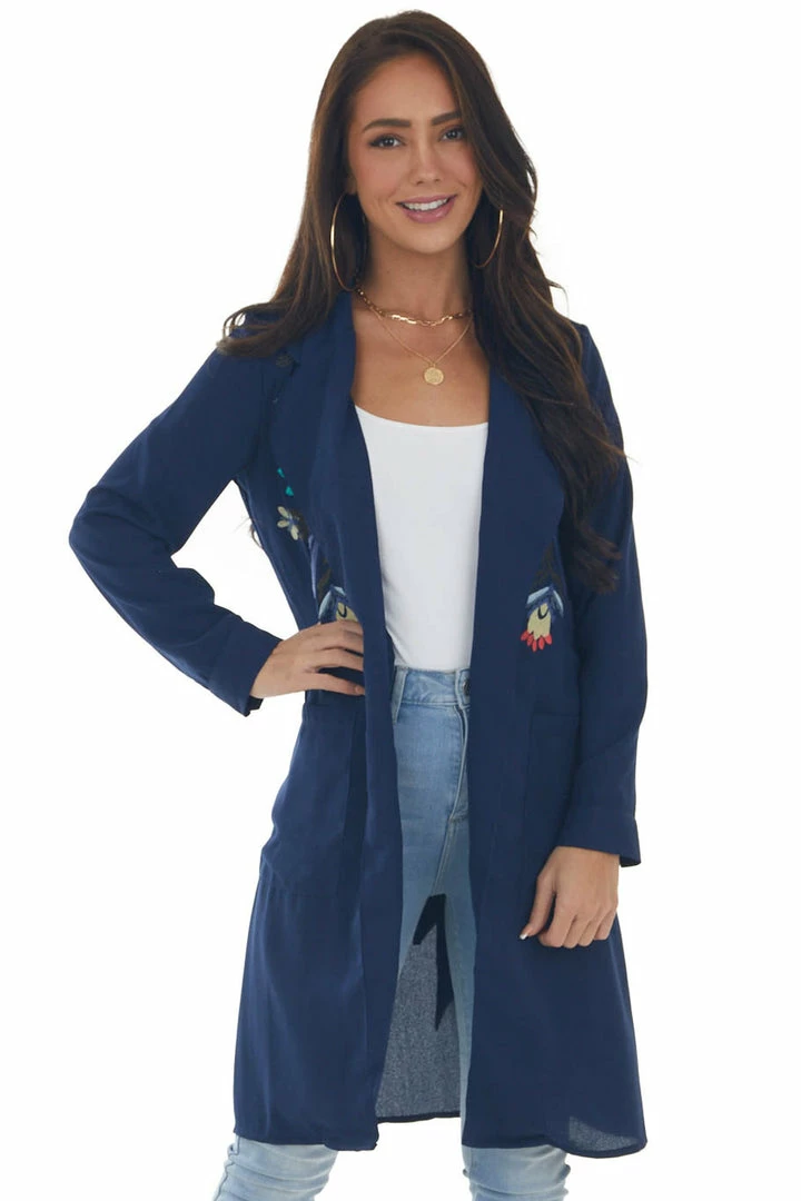 Davi & Dani Navy Floral Embroidered Open Midi Jacket Outerwear 11 Davi & Dani Navy Floral Embroidered Open Midi Jacket Outerwear