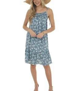 Ces Femme Dusty Slate Floral Print Sleeveless Short Ruffled Dress