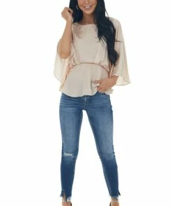 Umgee Tea Rose Kimono Sleeve Pleated Peplum Blouse Tops