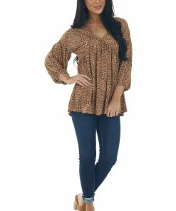 IWT Brands Copper Leopard Print V Neck Babydoll Knit Top Tops
