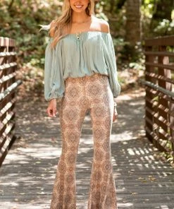 143 Story Desert Sand Paisley Print Flare Pants Bottoms