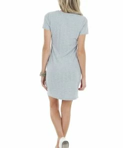Entro Heather Grey Short Sleeve Mini Dress With Textured Stripes Dresses