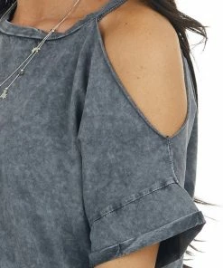 Mustard Seed Tops Graphite Mineral Washed Short Sleeve Cold Shoulder Knit Tee