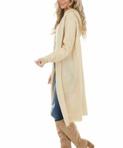 Cozy Casual Light Beige Textured Loose Knit Duster Cardigan With Hood Tops
