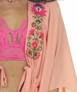 Umgee Salmon Floral Embroidered Waist Tie Kimono