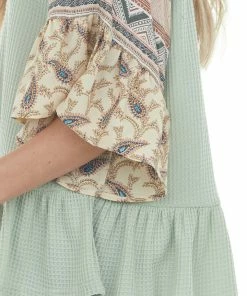 Davi & Dani Sage Multiprint Ruffled Hem Waffle Knit Top