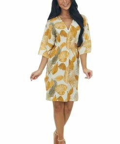 Entro Dresses Ivory And Amber Leaf Print Half Sleeve Dress