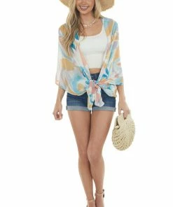 Entro Ivory And Sea Blue Printed Sheer Kimono