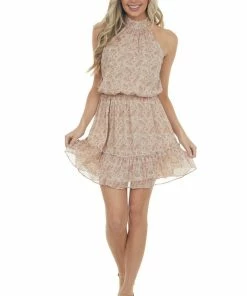 Sweet Lemon Dresses Rust Paisley Print Halter Neck Blouson Dress