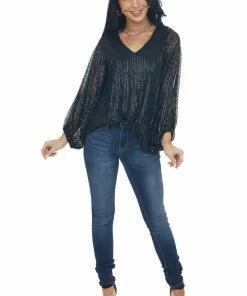 Vine & Love Black Sequin Long Bubble Sleeve Blouse