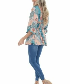 Andree Teal And Peach Floral Multiprint Peplum Top Tops