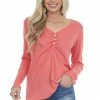 143 Story Tops Rich Coral Waffle Knit Top With Button Detail 1 143 Story Tops Rich Coral Waffle Knit Top With Button Detail