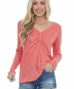 143 Story Tops Rich Coral Waffle Knit Top With Button Detail