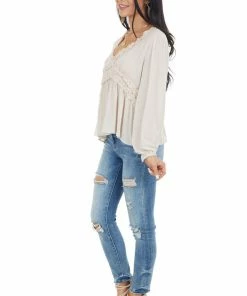 Peach Love Tops Oatmeal Long Puff Sleeve Babydoll Top With Ruffle Detail