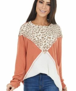 First Love Terracotta Leopard Colorblock Long Dolman Sleeve Knit Top